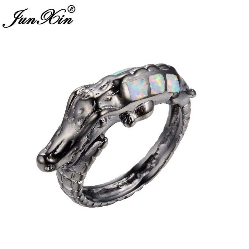 Size 6/7/8/9 Women Fashion Rainbow Opal Rings 10KT Black Gold Filled Cute Crocodile Shape Engagement Ring New Arrival