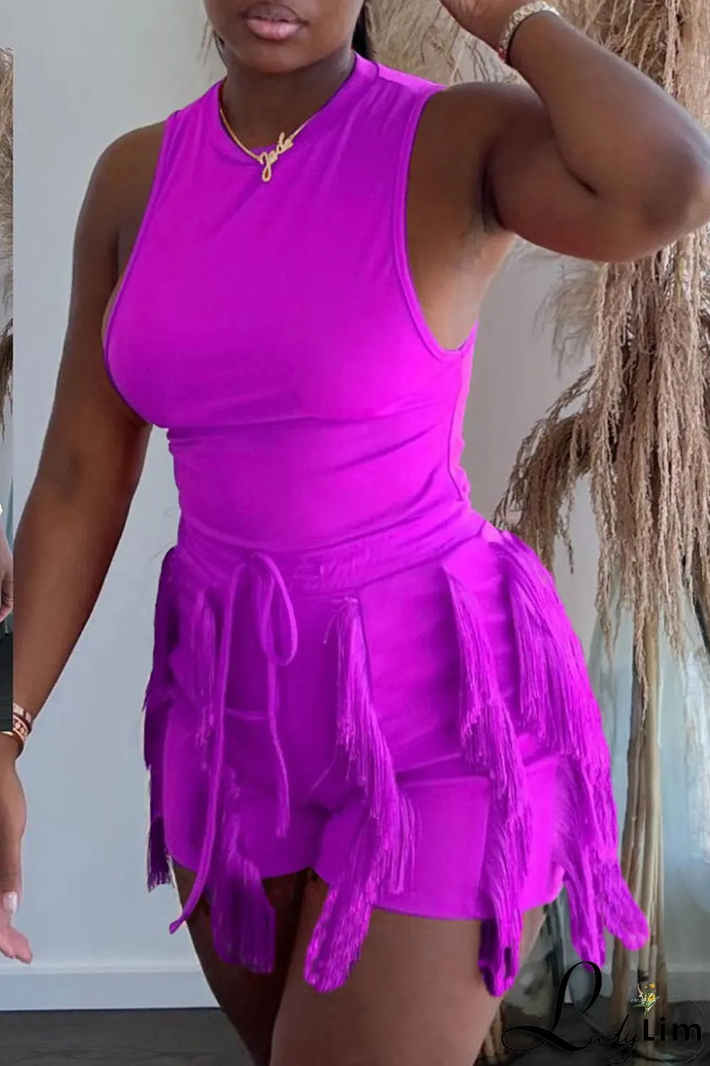 Black Casual Solid Tassel Patchwork O Neck Sleeveless Two Pieces