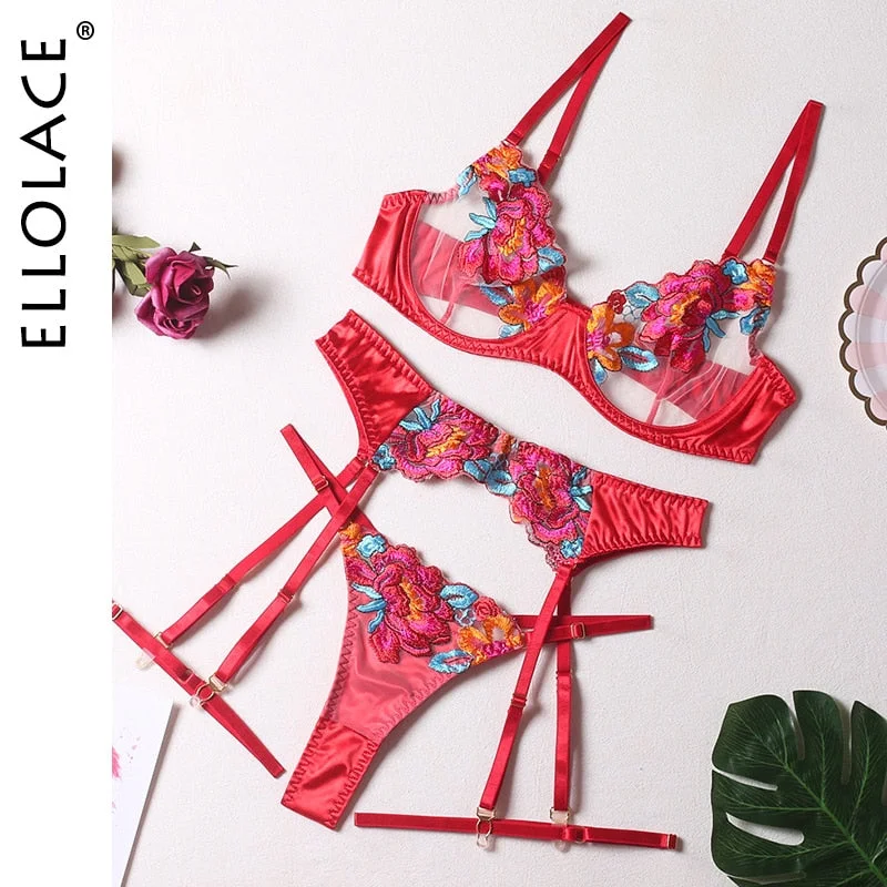 Ellolace Floral Erotic Lingerie Set Woman 3 Pieces Transparent Lace Blue Sexy Underwear Fancy Beautiful Thongs Breves Sets