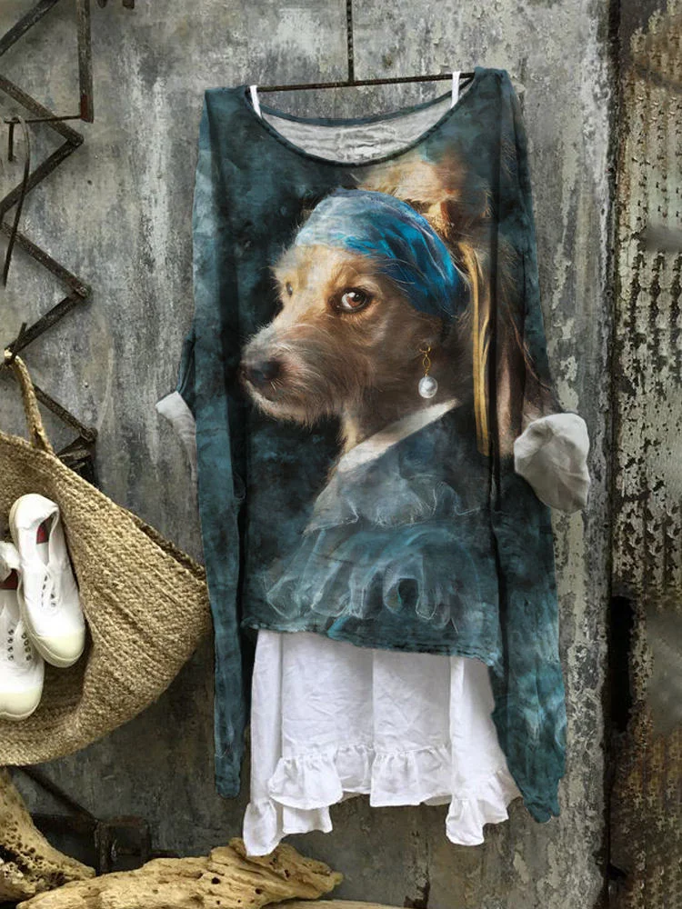 Dog with Pearl Earrings Pattern Linen Loose Long Shirt