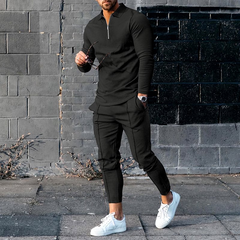 Casual Black Polo Shirt And Pants Two Piece Set