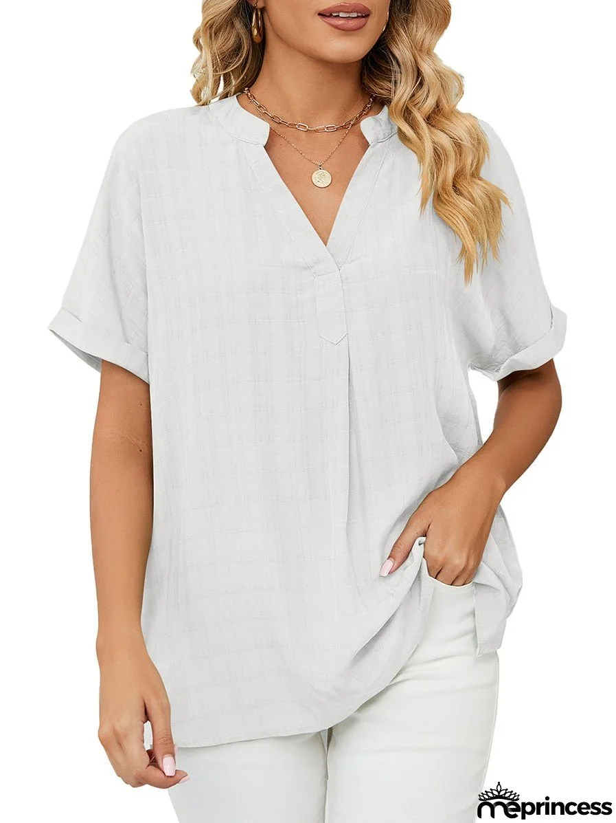 Solid V-Neck Loose Short Sleeve T-Shirt