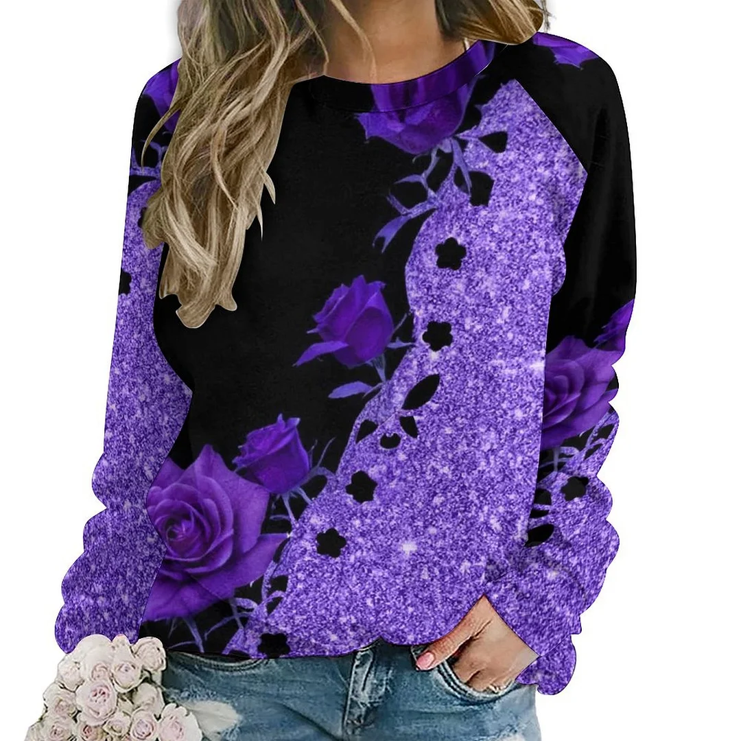 Printed Long Sleeve Casual Sweatshirt for  Women and Men Unisex Pattern Purple, Floral, Glitter