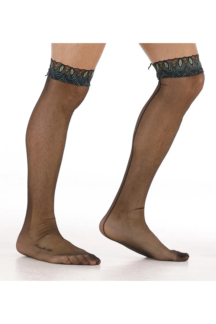 Men's Black Stockings Peacock Printing Edge Long Socks