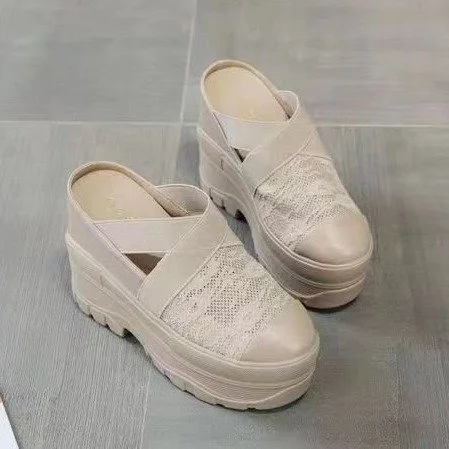 Wongn Wongn Summer New Lace Baotou Half Drag Inside Increased Fashion Ultra High Heel Sandals Women's Shoes