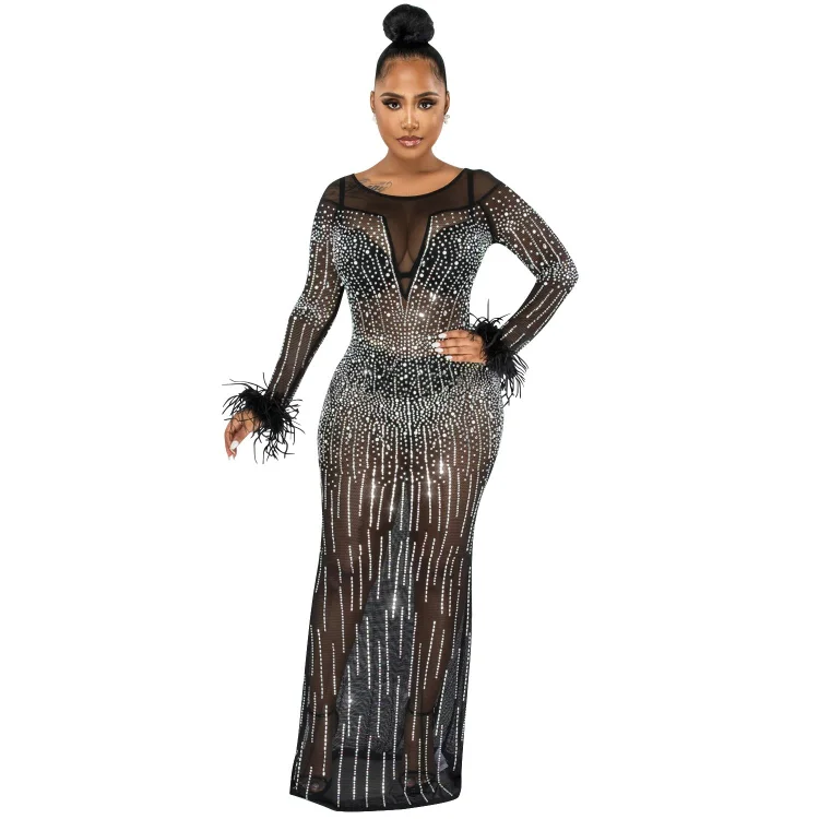 Promsstyle Promsstyle Rhinestone feather long sleeves see through maxi dress Prom Dress 2023