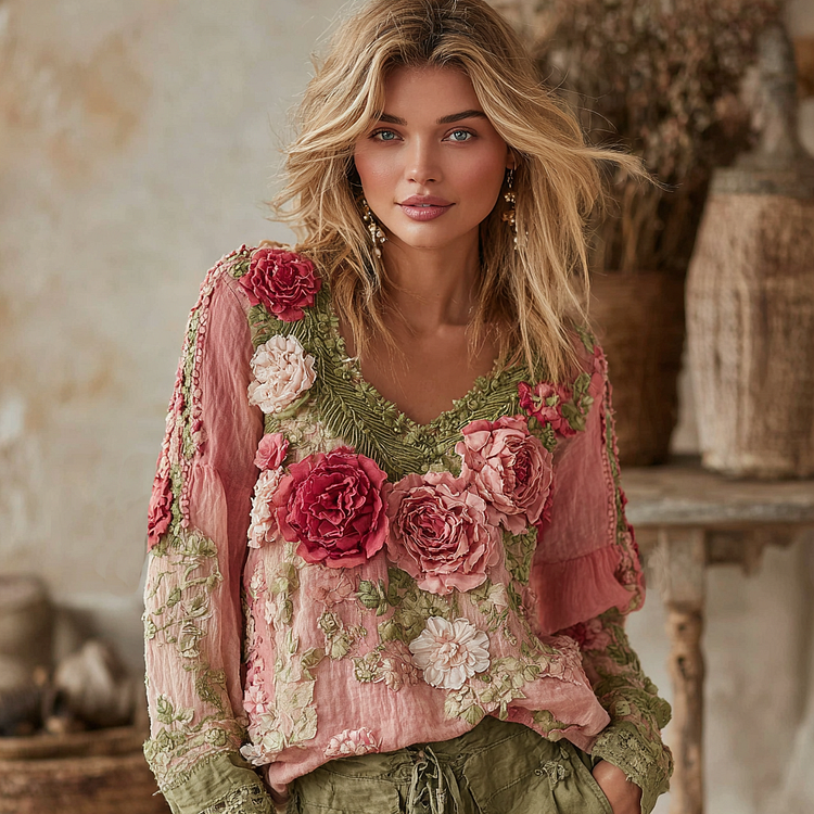 VChics Women's Vintage Floral Art V-neck Shirt