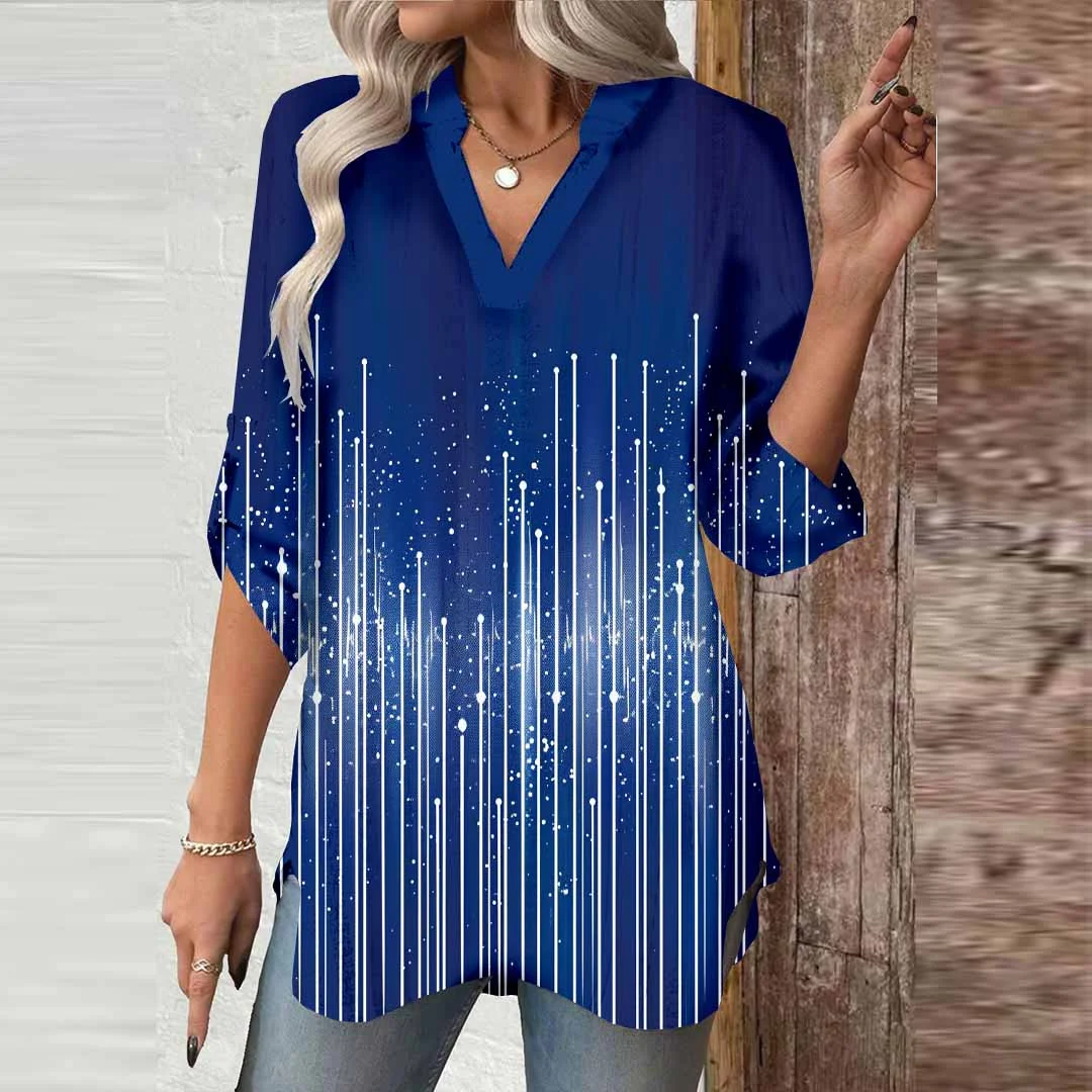 Women Abstract,Stripes,Blue DZGA0782 3/4 Sleeve V-neck Printed Graphic Button Tops
