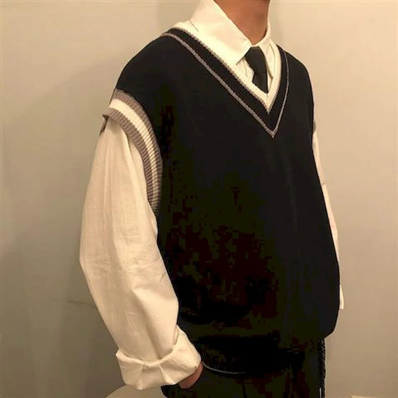 Aonga    2023 Men's Fashion Loose Brown/navy Color Sweater Vest Waistcoat Fashion V Collar Knitting Vest Pullover Oversized Coats Harajuku