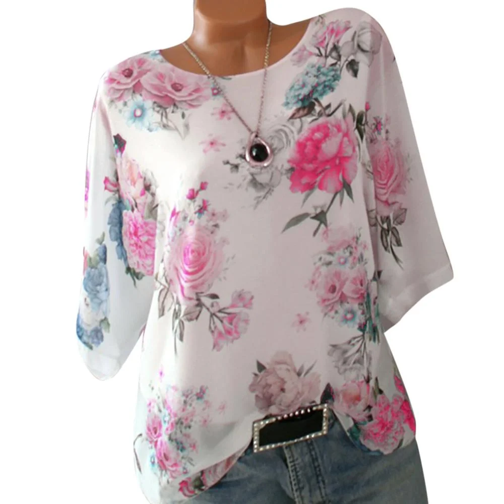 Women Plus Size S-5XL Blouse Loose Floral Print Slash Neck Blouse Pullover Tops Shirt womens tops and blouses camisas mujer NEW