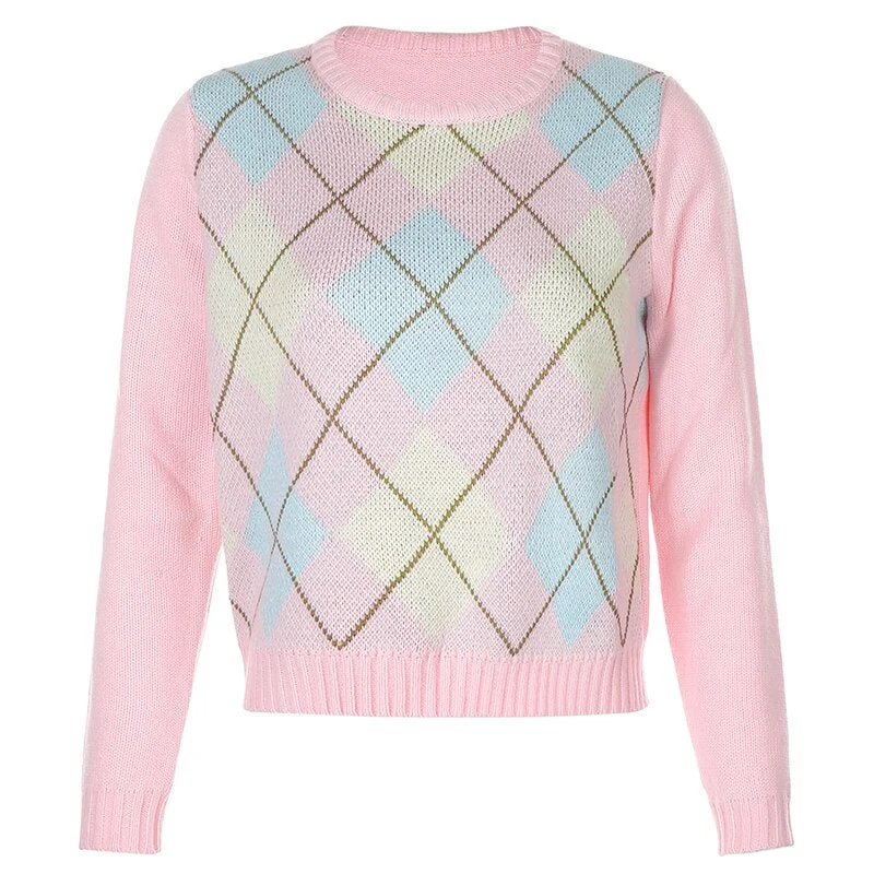 Pink Argyle Plaid Knitted Long Sleeve Autumn woman sweaters Preppy Style Cute Jumpers Winter Fashion Knitwear fall 2020 tops