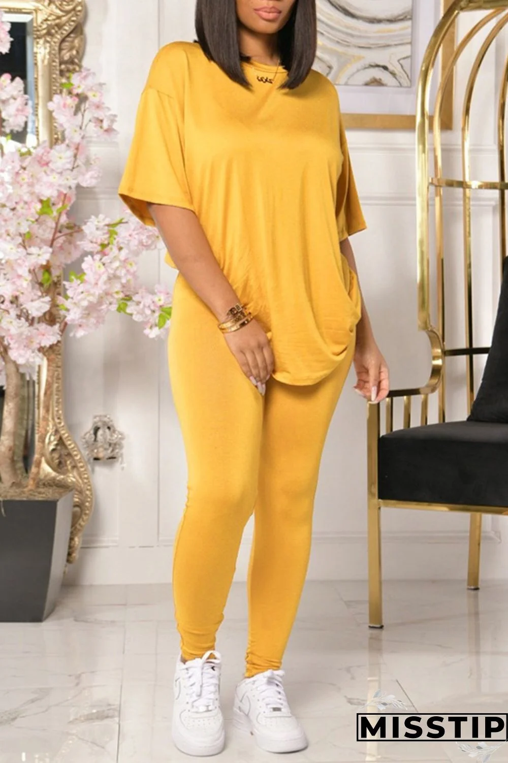 Red Casual Solid Basic O Neck Short Sleeve Two Pieces