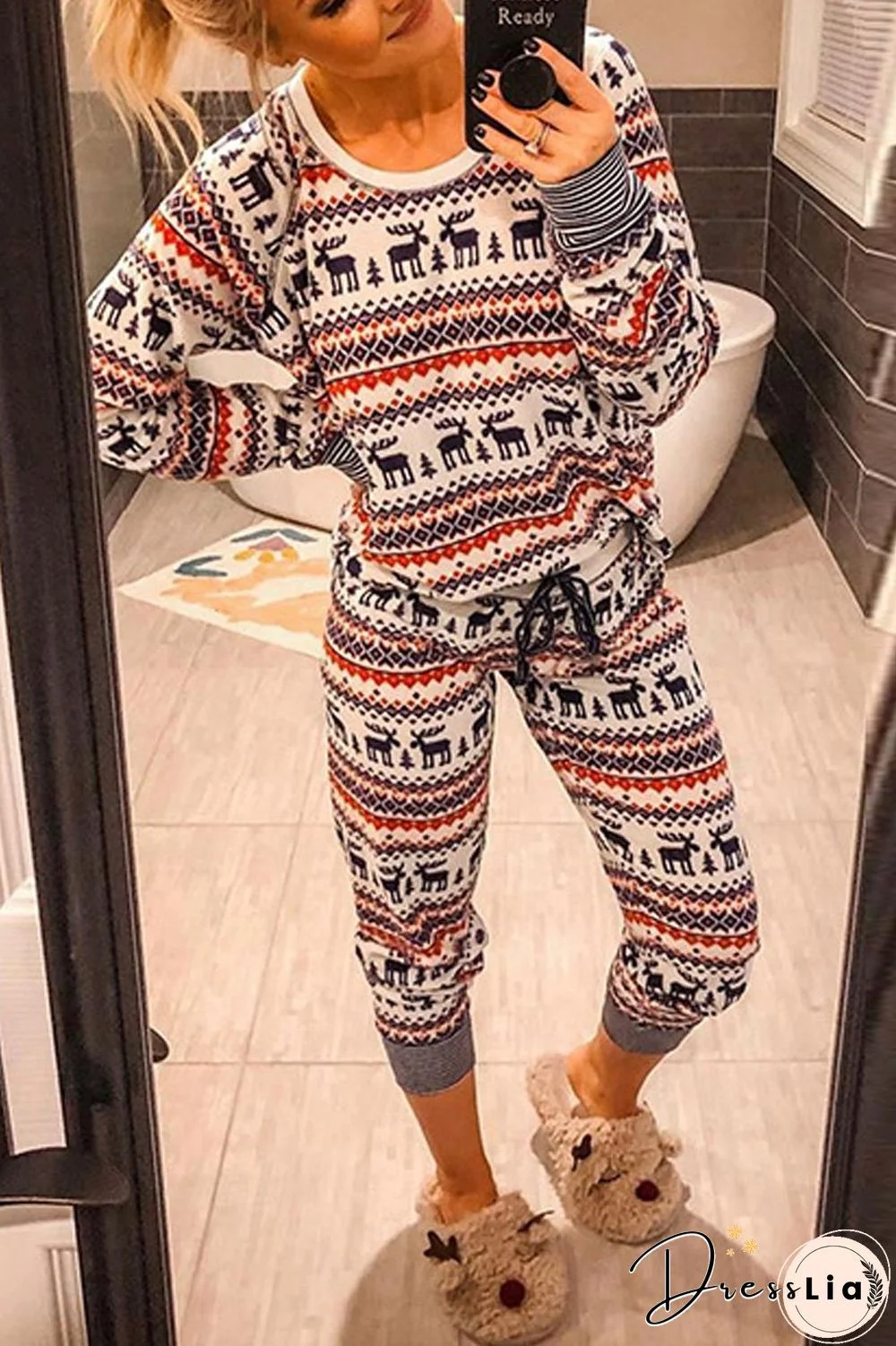 Christmas Print Lounge Top & Pants Set