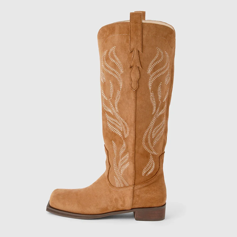 Brown Square Toe Chunky Heel Embroidered Cowboy Boots for Women