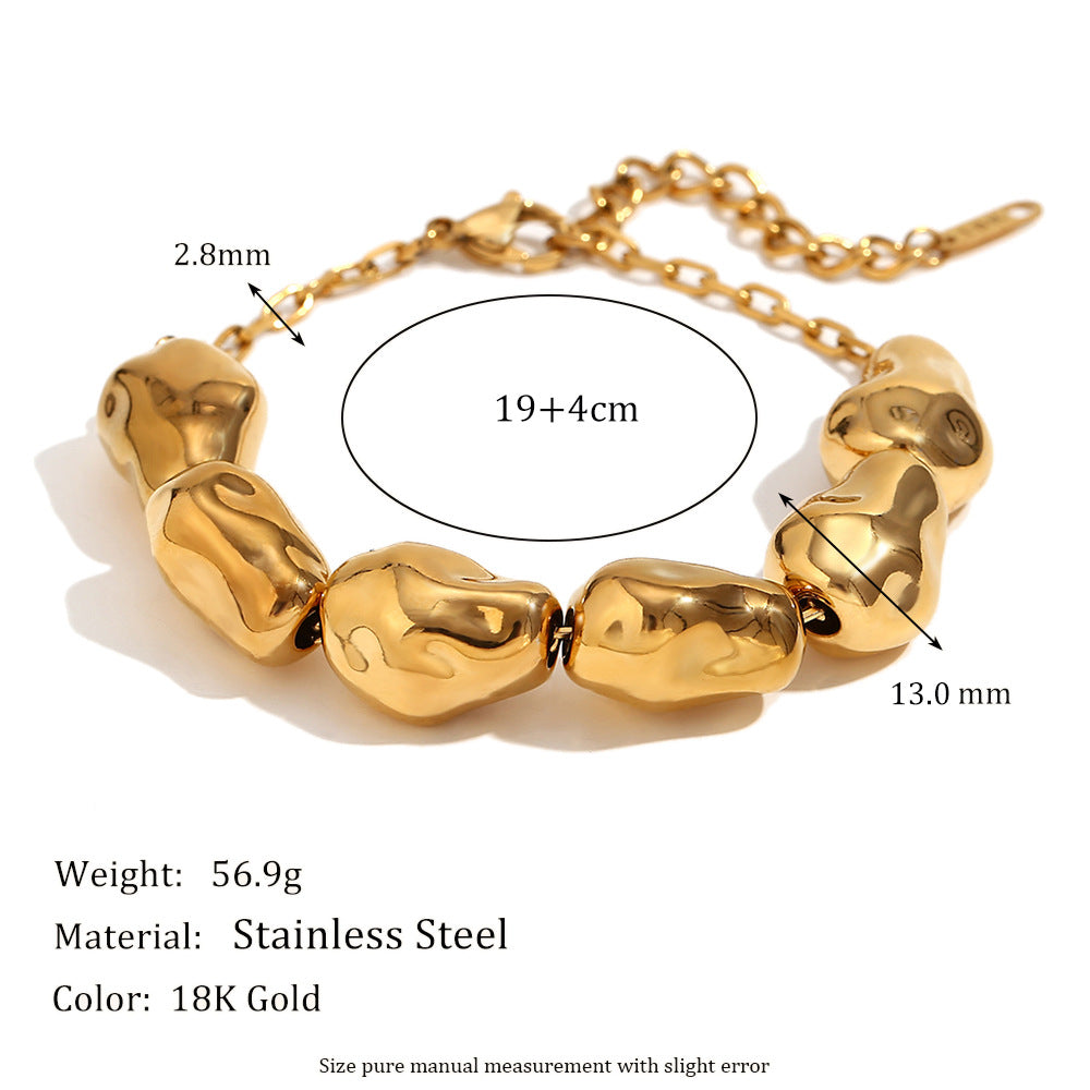 Niche Retro Personality Earrings Stainless Steel Plated 18K Gold Irregular Smooth Iron Bead Bracelet
