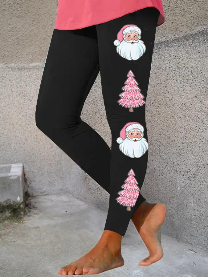 Women's Pink Santa Claus Christmas Tree Print Stretch Leggings-ttstudio