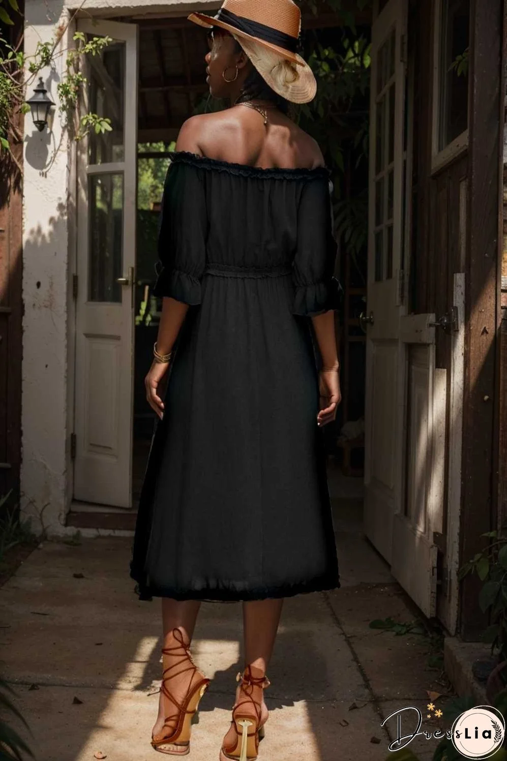frilled off shoulder flounce sleeve midi dress
