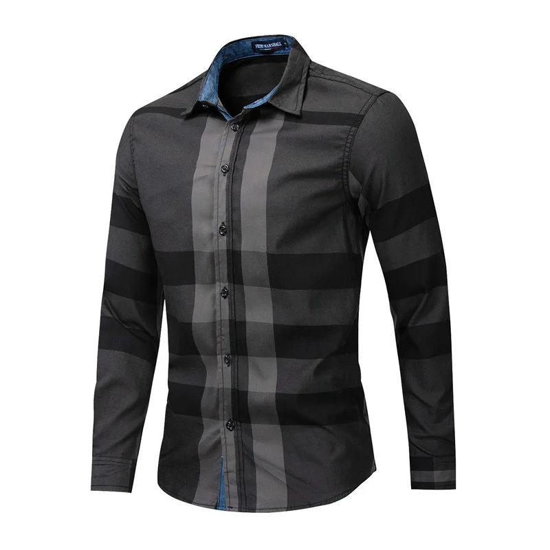 Men's Cotton Long-sleeved Color-blocking Plaid Shirt