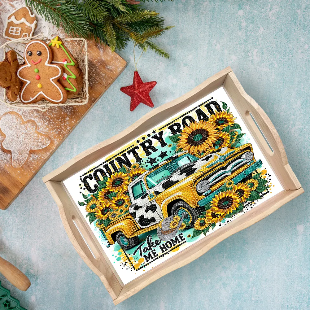 5D DIY Wooden Sunflower Car Diamond Painting Tray Art Craft for Desk Coffee Table