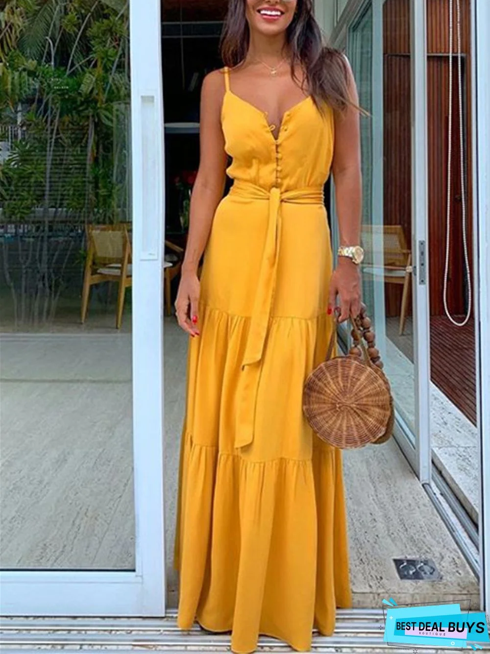 Temperament V-Neck Medium Long Suspender Solid Color Dress