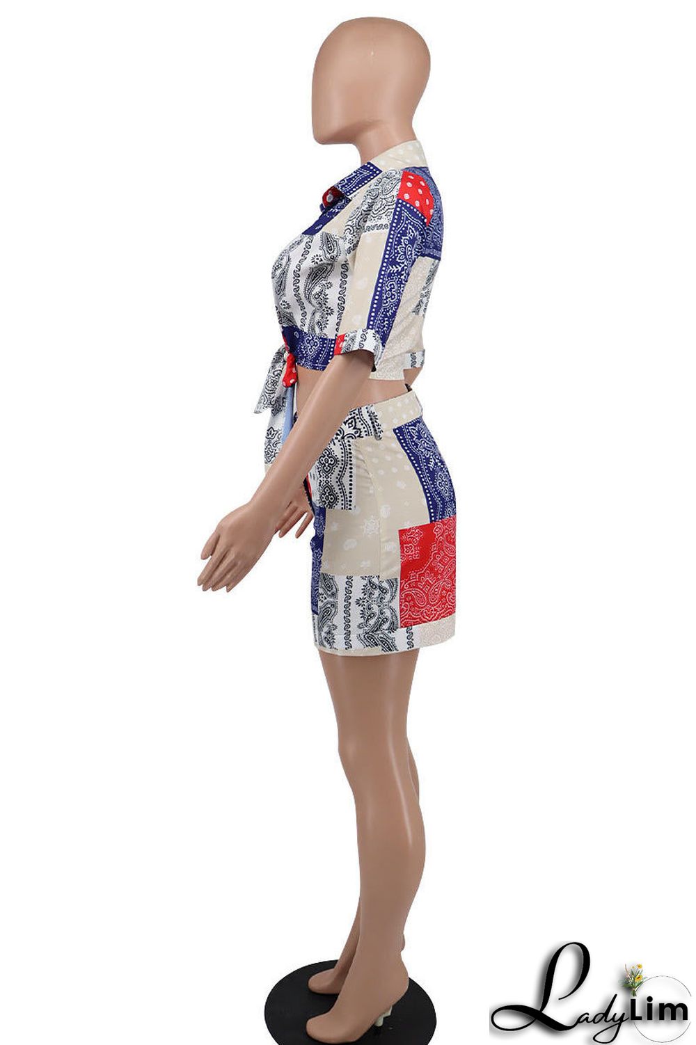 Blue Fashion Casual Print Bandage Turndown Collar Short Sleeve Two Pieces