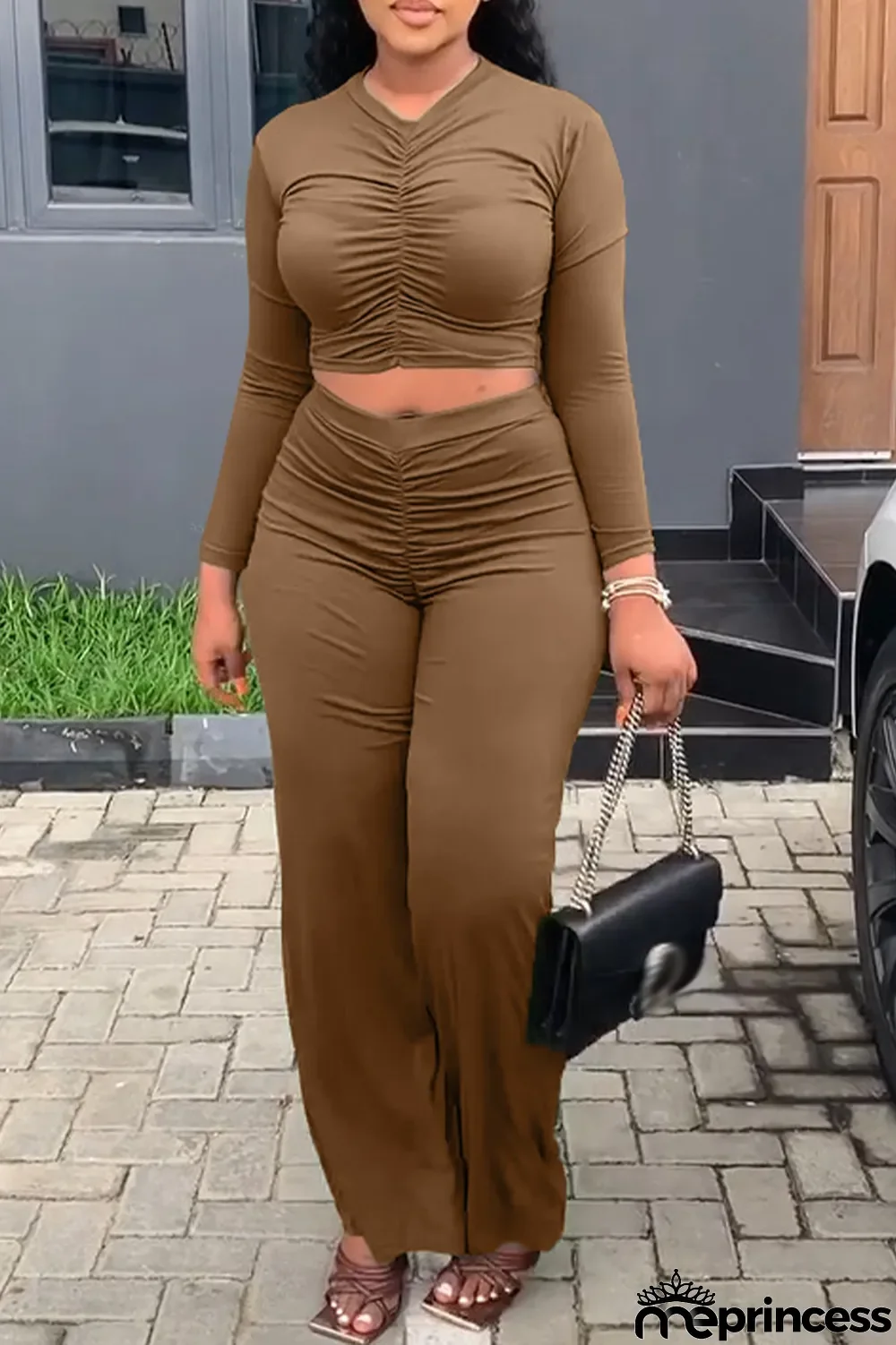 Orange Fashion Solid Fold V Neck Long Sleeve Two Pieces