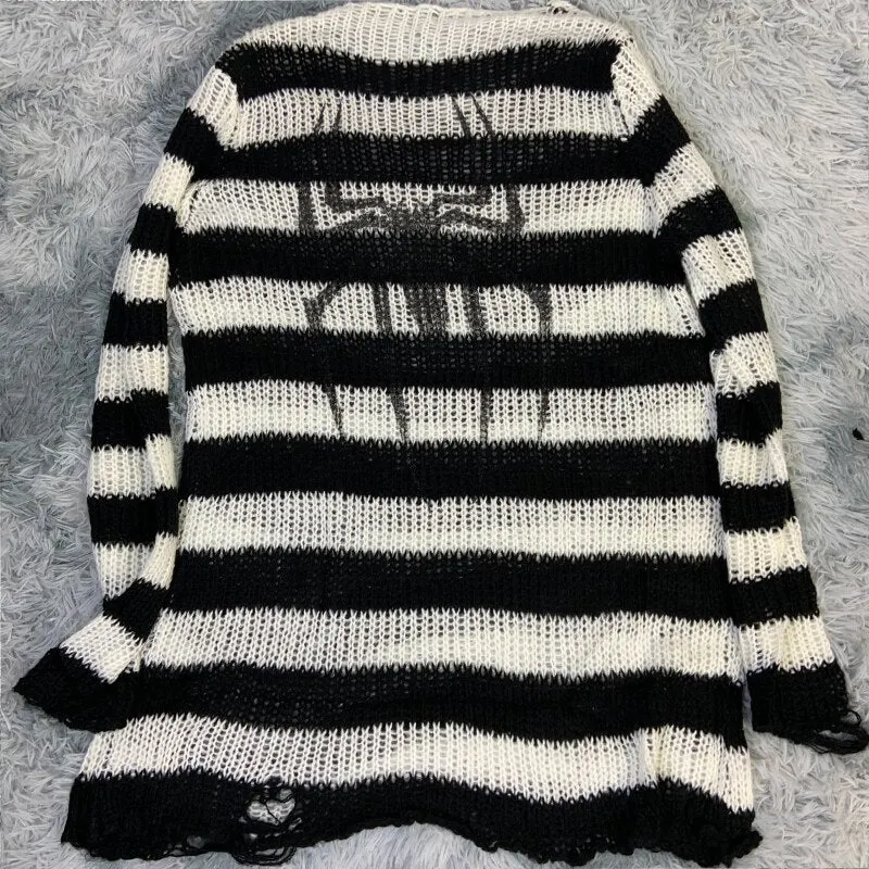 Plus Size Punk Gothic Long Unisex Sweater Dress Women Man Striped Cool Hollow Out Hole Broken Jumper Loose Rock Thin Sweter 2021