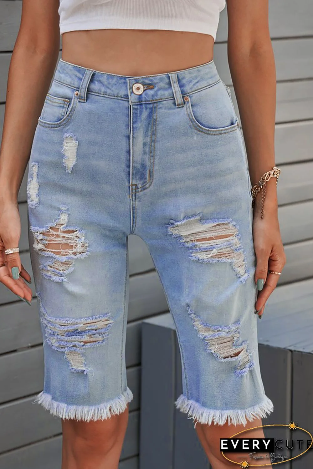 Light Blue Distressed Denim Bermuda Shorts