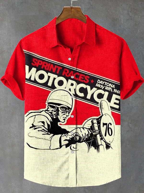 Men's Retro Cool Motorcycle Racer Contrast Color Print Shirt