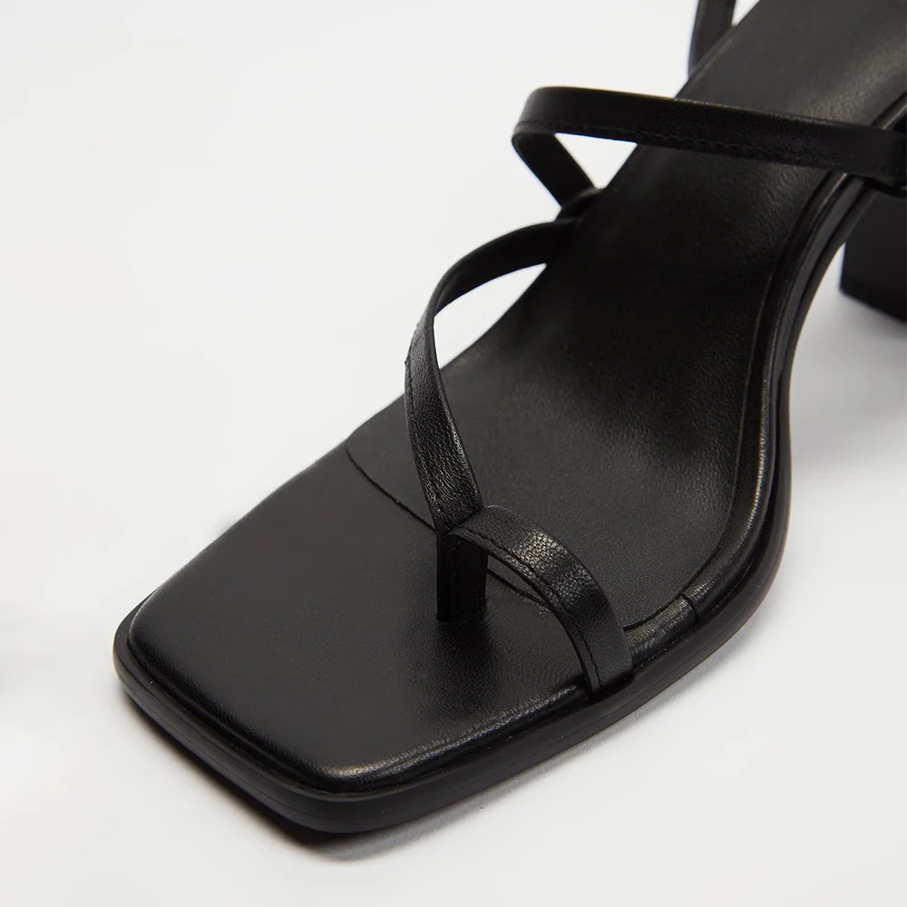 Classic Black Square Toe Chunky Heel Ankle Strap Lace Up Sandals