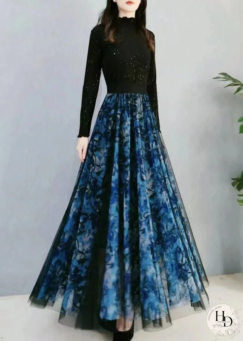 Plus Size Blue Print Wrinkled High Waist Tulle Skirt Spring