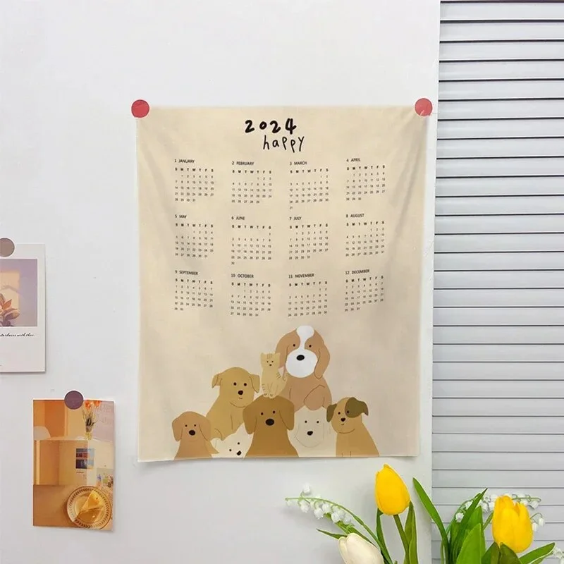 Athvotar Hanging Cloth Wall Calendar Small Tapestry Cartoon Calendar Tapestries Bedroom Background Fabric Decorations 2024 달력 태피스트리