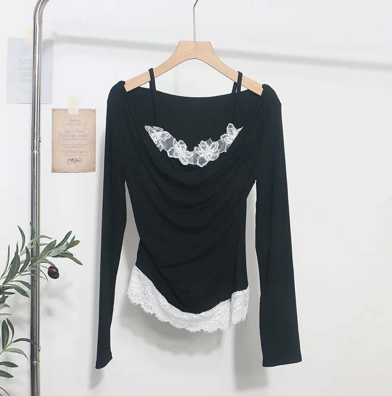 Nigikala Nigikala Autumn Fake Two Lace Lace Collar Folding Long Sleeves Slimming Bottom T-Shirt Top Woman 2532