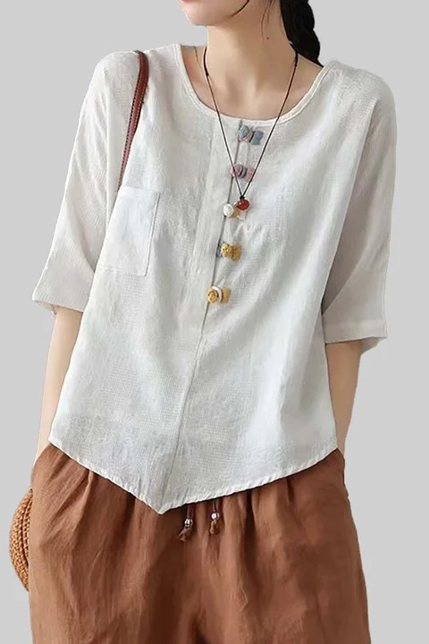 Three Quarter Sleeve Round Neck Buckle Linen Top