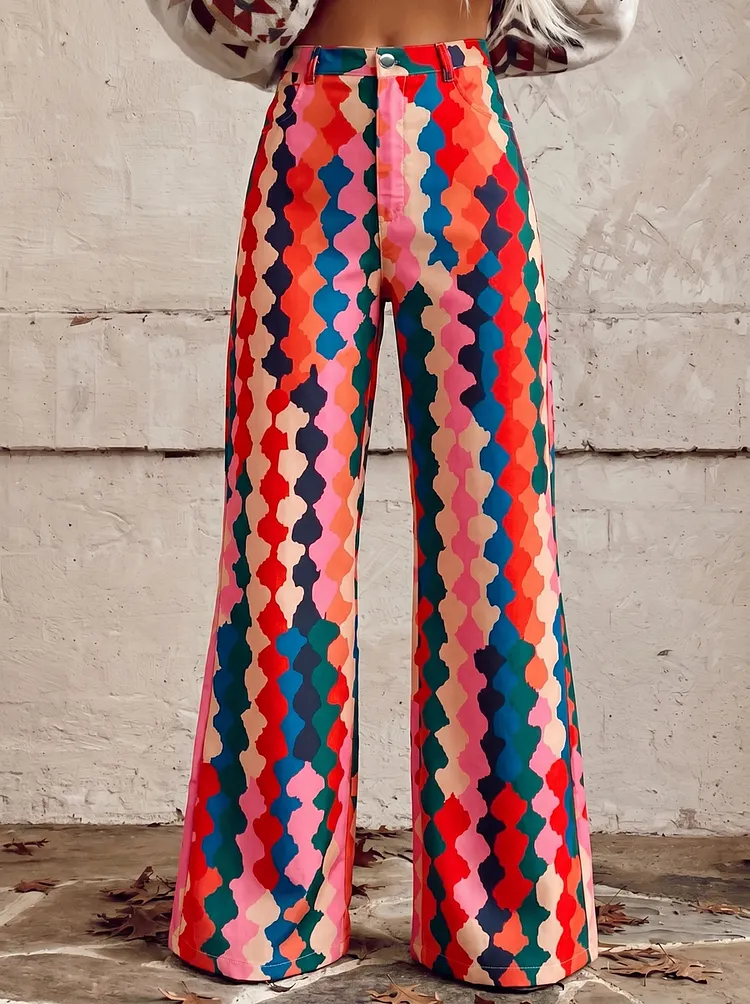 Buttoned Pockets Printed High Waisted Plus Size Trousers Pants