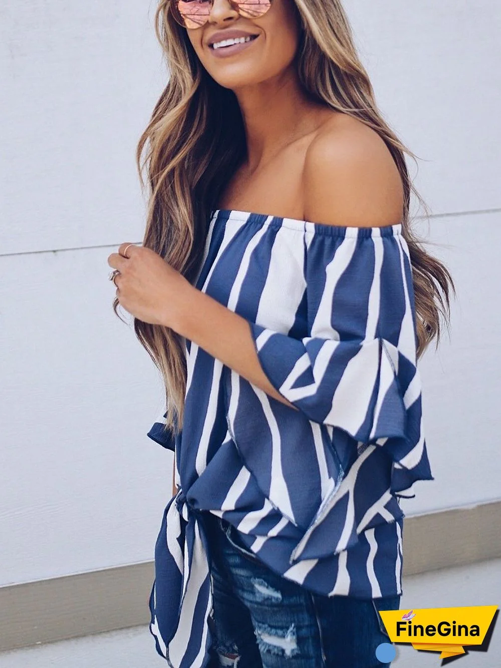 Off-the-shpulder Striped Loose Chiffon Top P13705