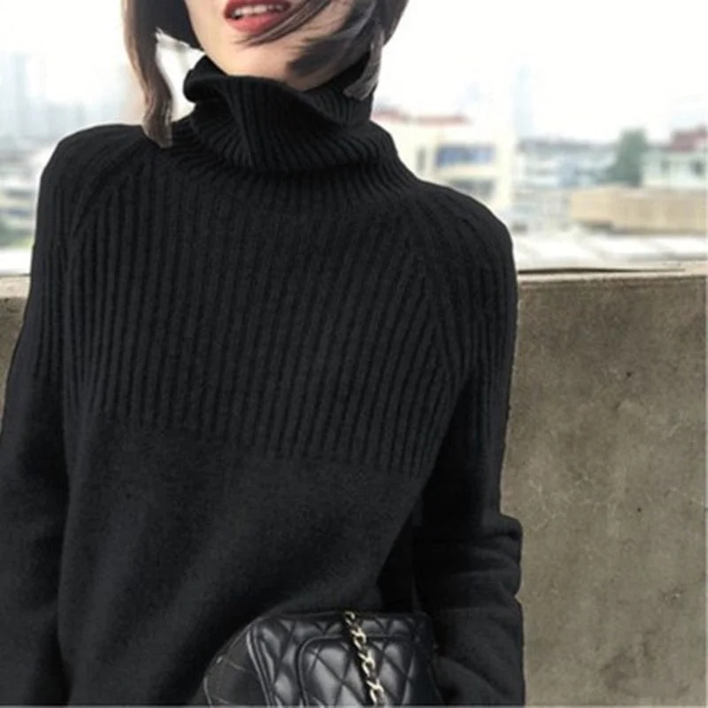 Brown Striped Sweater Women Turtleneck Pullovers Solid Stretch Korean Top Knit Plus Size Harajuku 2021 Fall Clothes Beige Black