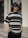 Men's Double Yarn Striped T Shirt 2026 Crewneck Drop Shoulder Half Sleeve Loose Fit