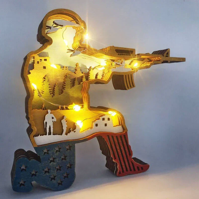 WoodyOrnament American Flag Soldier Carving Handcraft Gift