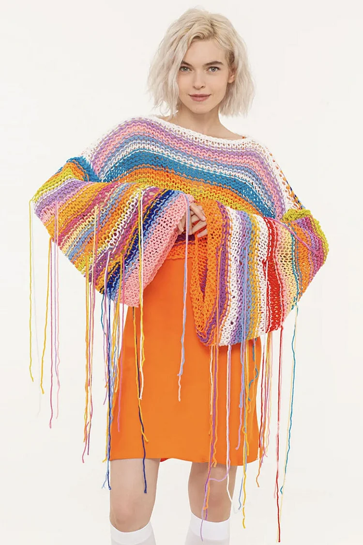 Rainbow-Colored Crochet Flared Sleeve Fringed Vacation Crop Sweater
