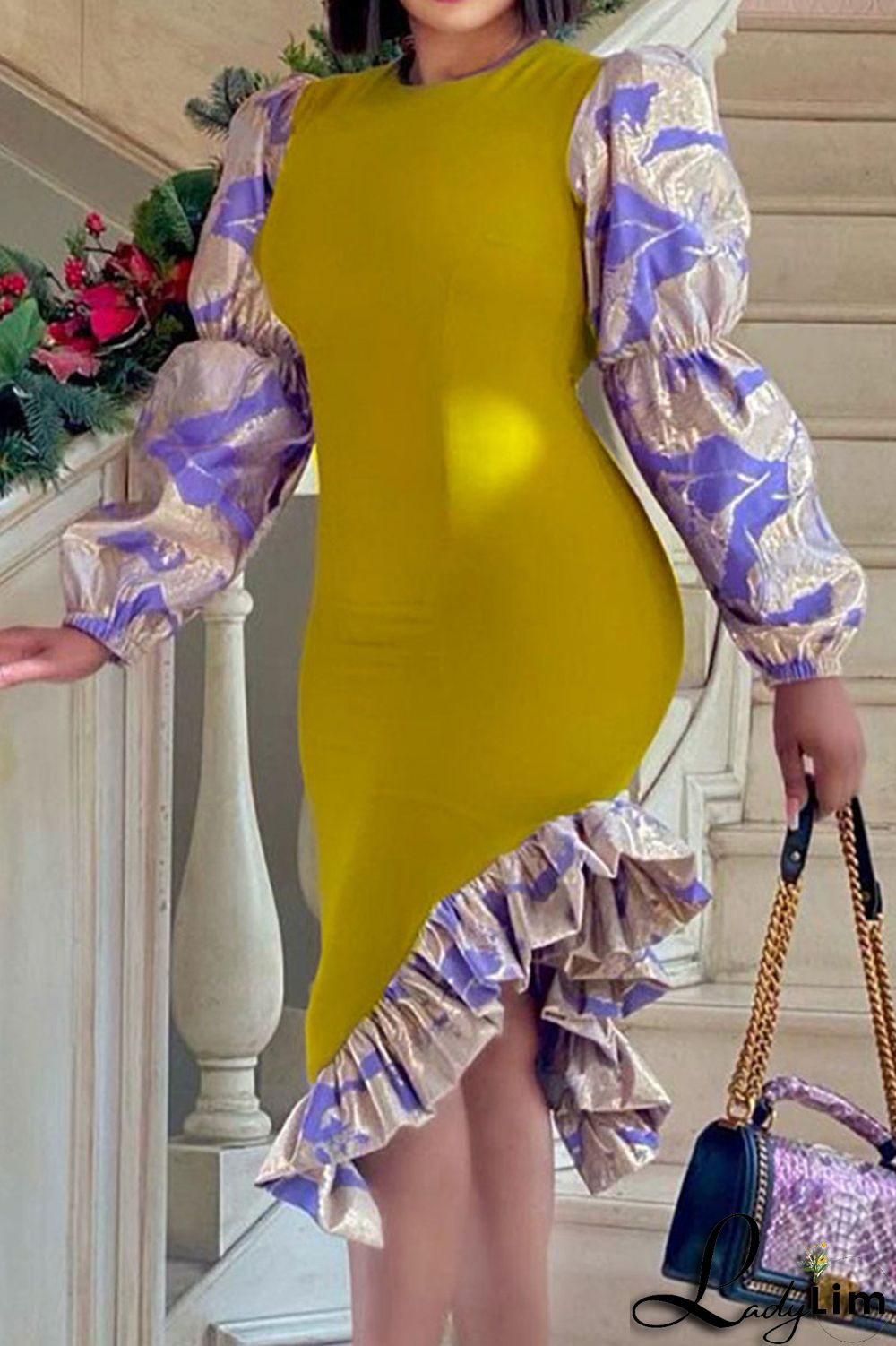 Light Purple Casual Elegant Print Split Joint Flounce Asymmetrical Irregular Dress Dresses