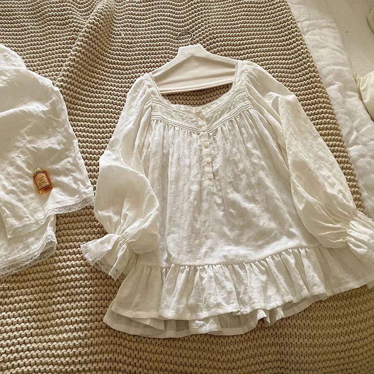 Cute Cotton Lace Ruffled 2pcs Pajama Set QueenFunky