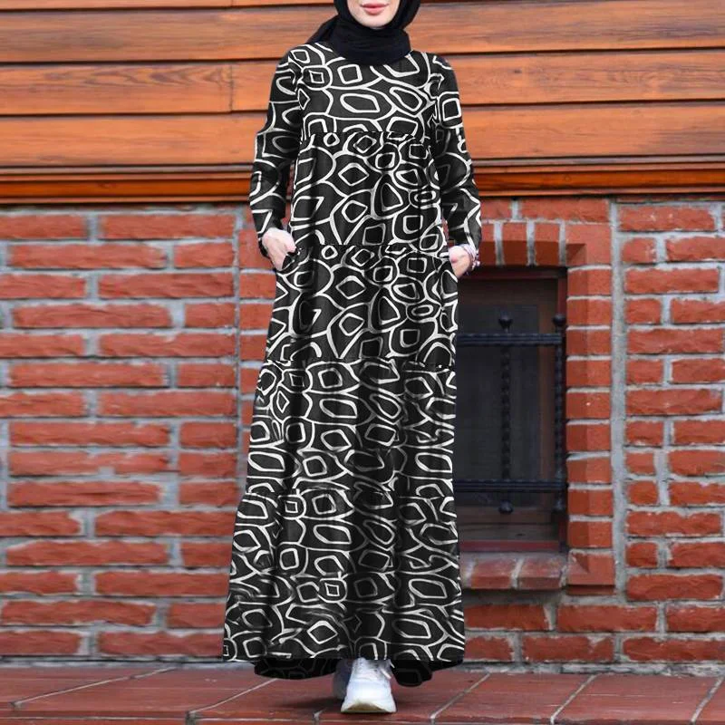Casual Long Sleeve Abaya Hijab Maxi Vestidos Vintage Women Printed Sundress 2022 ZANZEA Spring Muslim Dress Robe Femme Oversized
