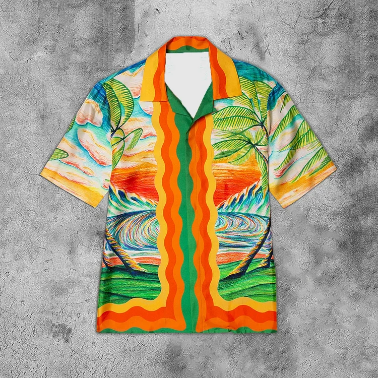 Summer Art Retro Fashion Street Orange  Printed Casual  Short Sleeve Shirts