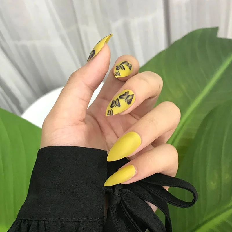 24pcs stiletto false press on nails matte Black color Leopard Wear Finished product wearable full cover acrylic nails products-Nail Inspo