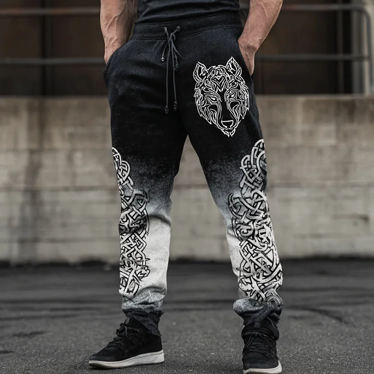 Men's Black And White Gradient Wolf Head Design Sweatpants