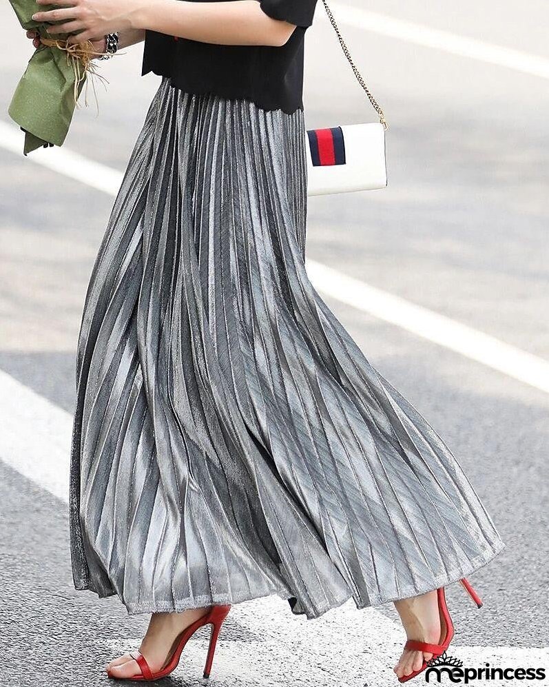 Women's Skirt Maxi Pleated Swing Long Skirt Silver Gold Skirts Shiny Metallic Shimmery Fashion Casual Daily S M L