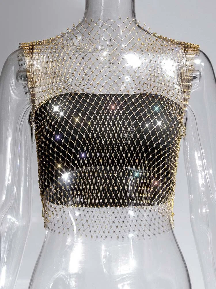 Diamonds Mesh Cropped Tank Women's Summer Cover Up See Through Rhinestone Net Party Club Crop Top.