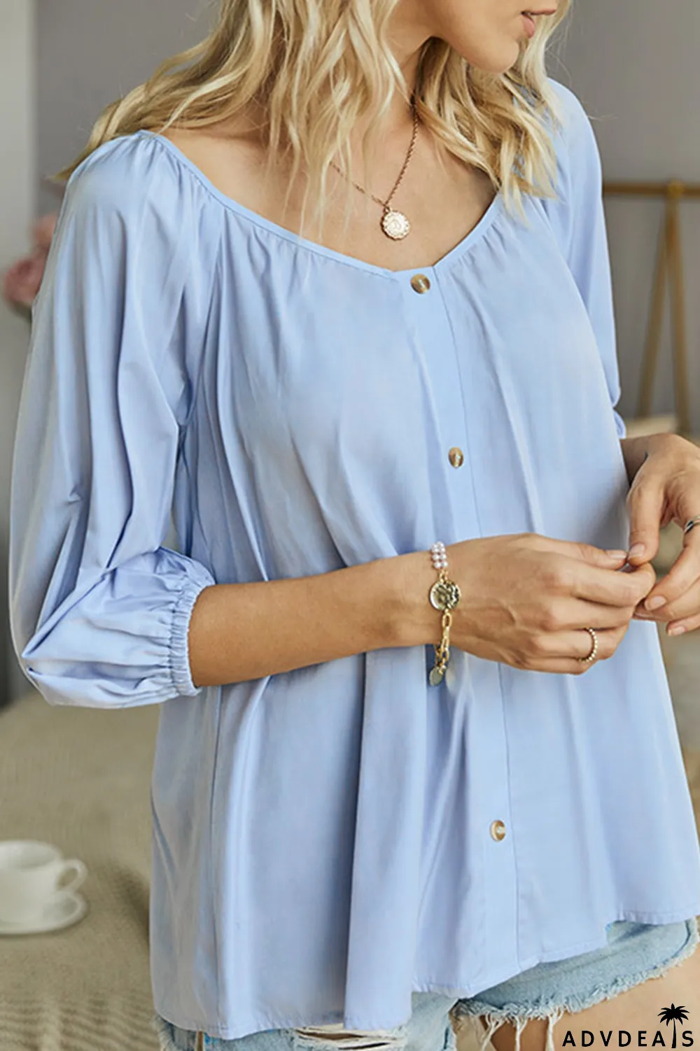 Elegant Solid Buckle V Neck Tops
