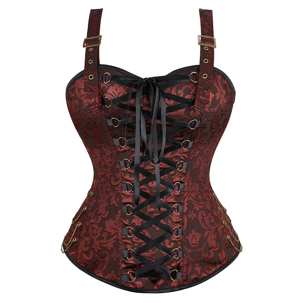 Billionm with Straps Gothic Costume Black Lace Up Corset Top Vintage Jacquard Plus Size Steampunk Corsets for Women Brown Red